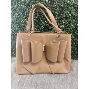 LIKE DREAMS/GROSSI Park double bowtie leather large satchel crossbody bag TAUPE